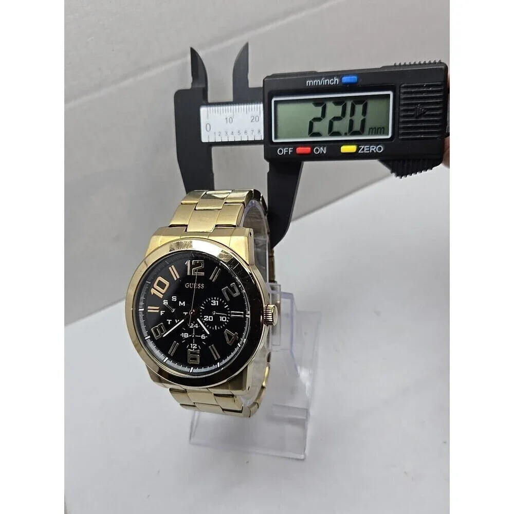 Mens Guess Steel Gold Tone 44mm Day Date Watch 100M Quartz New Battery Classic
